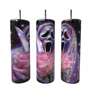 Ghost face Scream Faux Glitter Pink & Black Tumbler